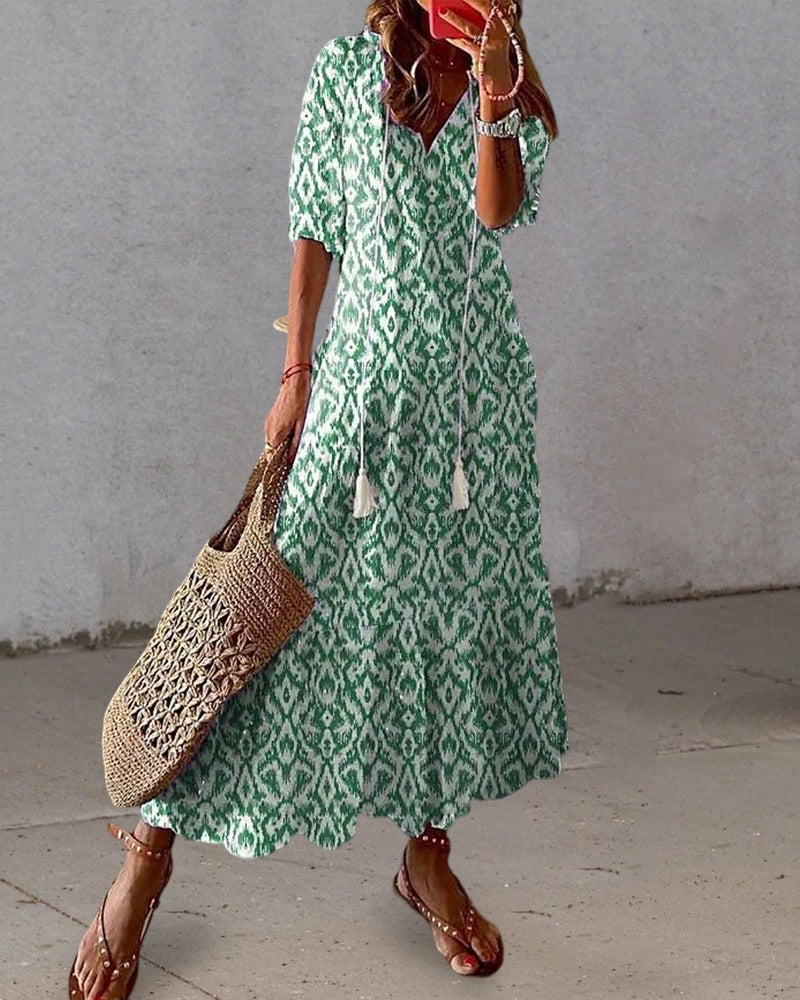 Robe longue col V en imprimé avec demi-manche