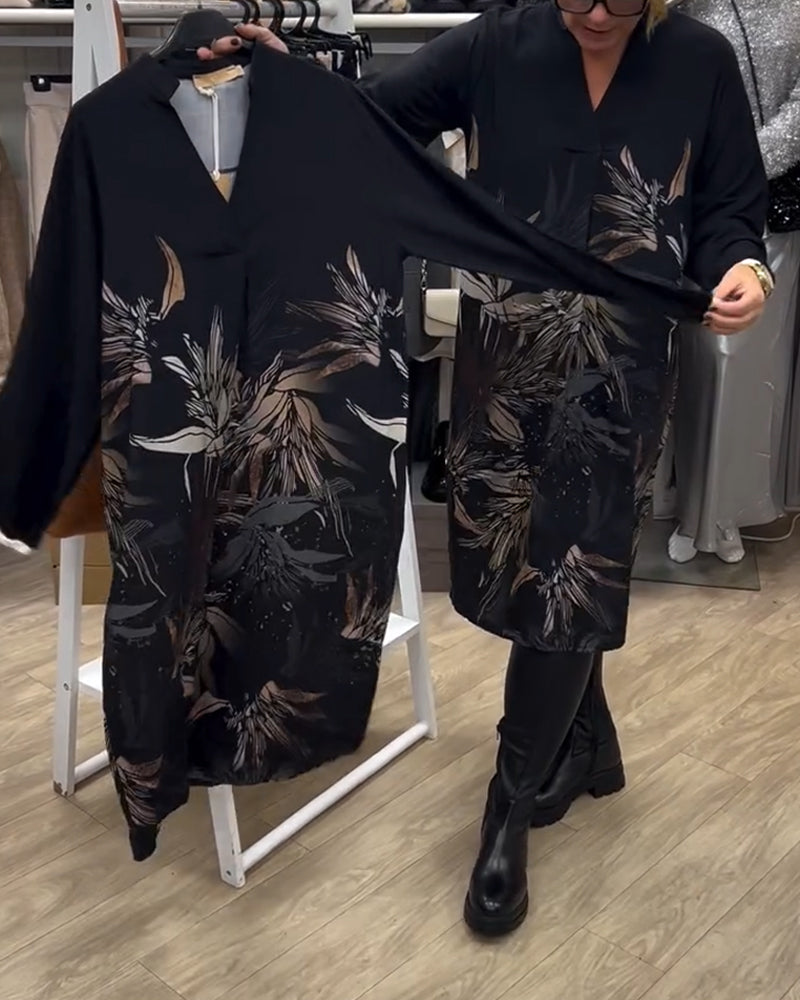 Robe Col V Imprimé Feuilles Manches Longues