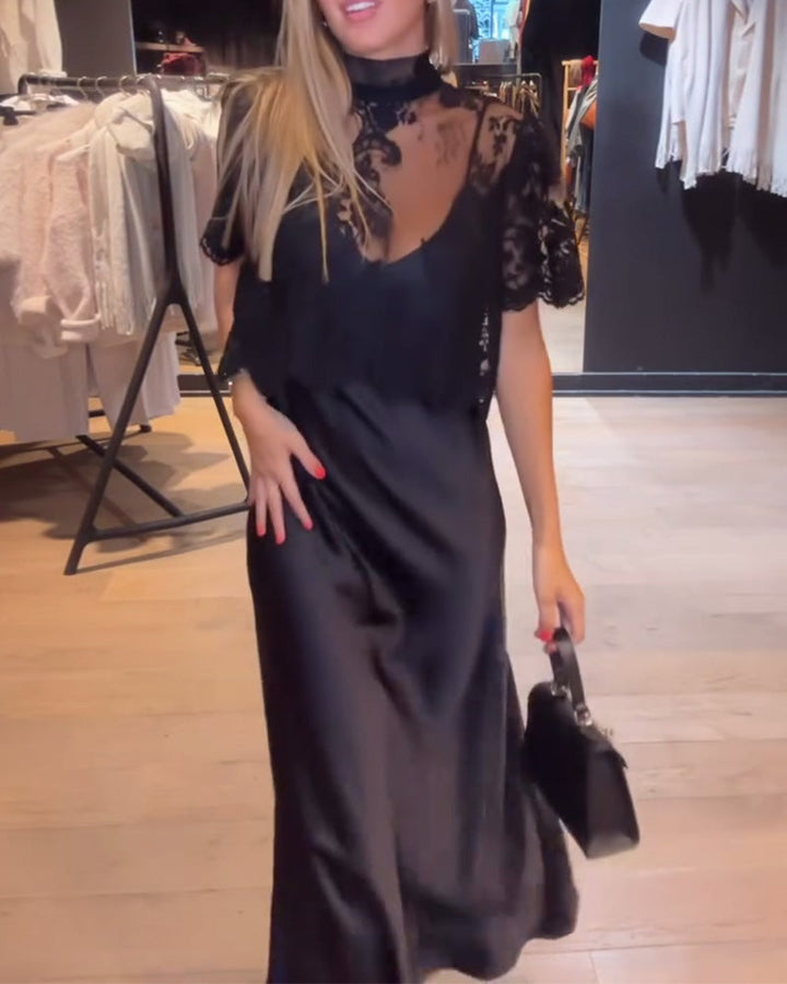Ensemble Blouse En Dentelle Et Résille Avec Robe Nuisette Drapée