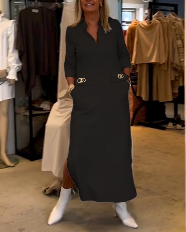 Robe fendue à manches 3/4 de couleur unie