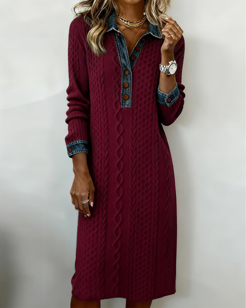 Robe À Col En Jean, Motif Torsadé Et Patchwork