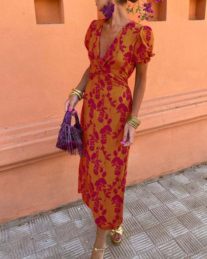 Robe trapèze élégante à manches bouffantes en V profond et imprimé feuilles