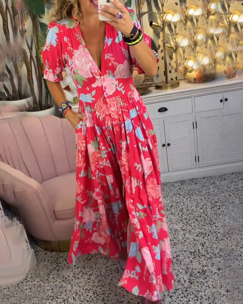 Robe à poche col V imprimé fleuri