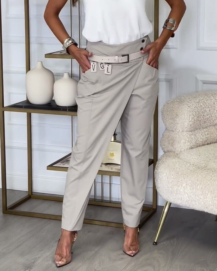 Pantalon patchwork irrégulier à poches de couleur unie à la mode