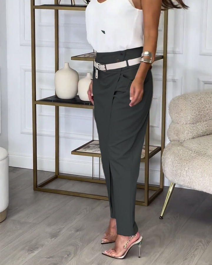 Pantalon patchwork irrégulier à poches de couleur unie à la mode