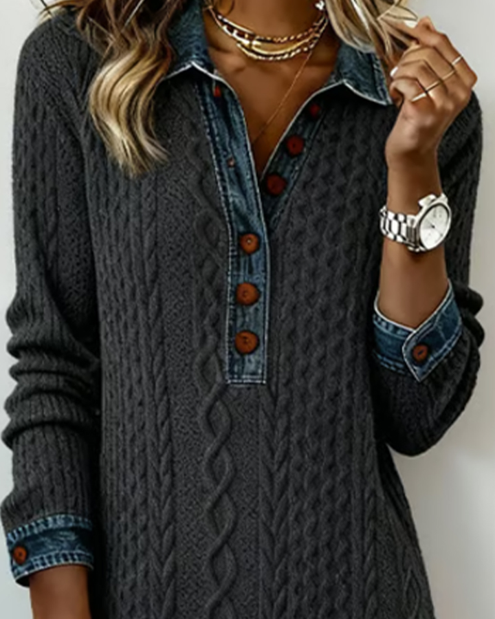 Robe À Col En Jean, Motif Torsadé Et Patchwork