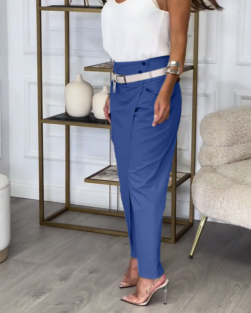 Pantalon patchwork irrégulier à poches de couleur unie à la mode