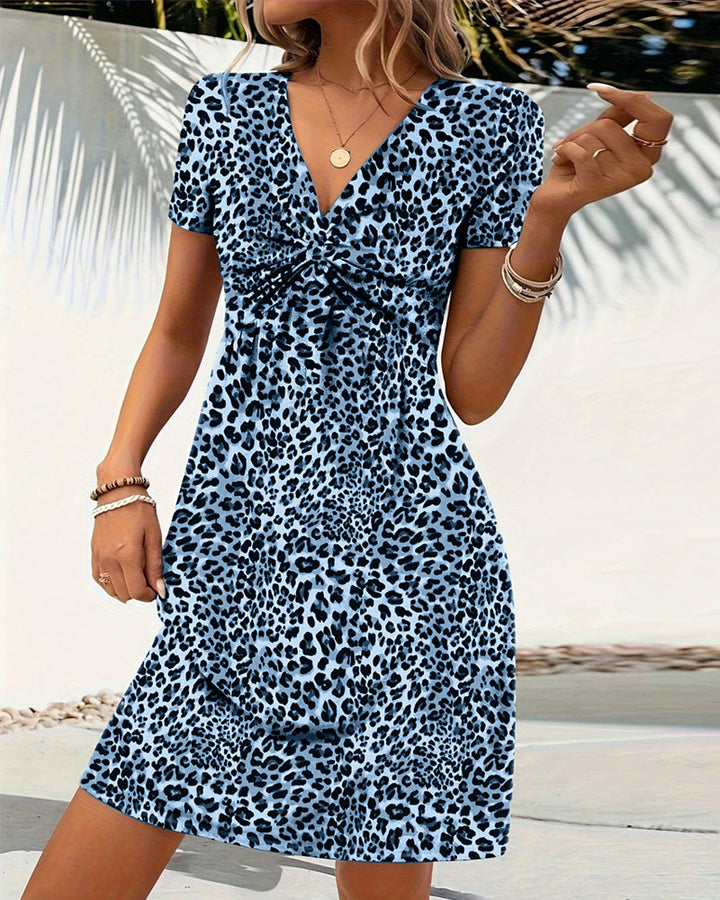 Robe Manches Courtes En V Imprimé Léopard