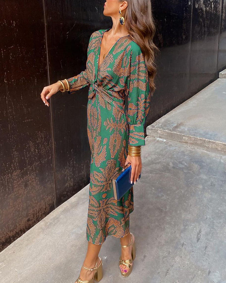 Robe élégante à manches longues et col en V imprimé vintage