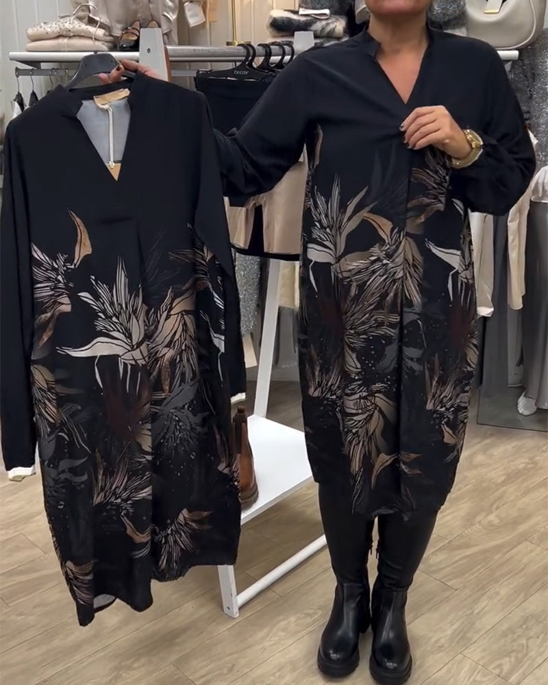Robe Col V Imprimé Feuilles Manches Longues