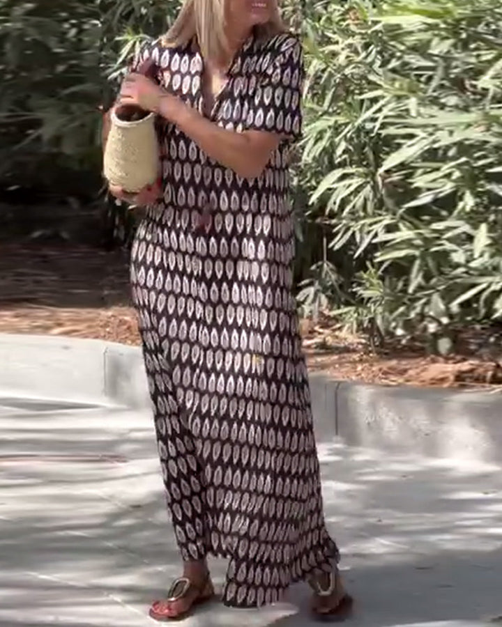 Robe Col En V Imprimée Manches Courtes Droite Maxi