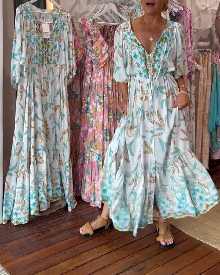 Robe longue femme col V imprimé feuilles