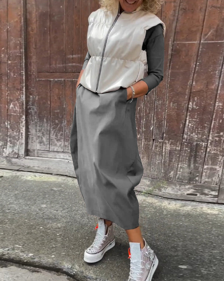 Robe élégante simple à manches longues avec poche de couleur unie