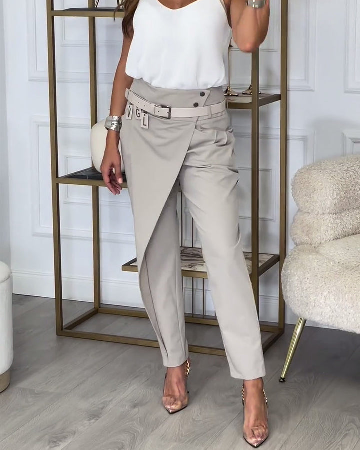 Pantalon patchwork irrégulier à poches de couleur unie à la mode