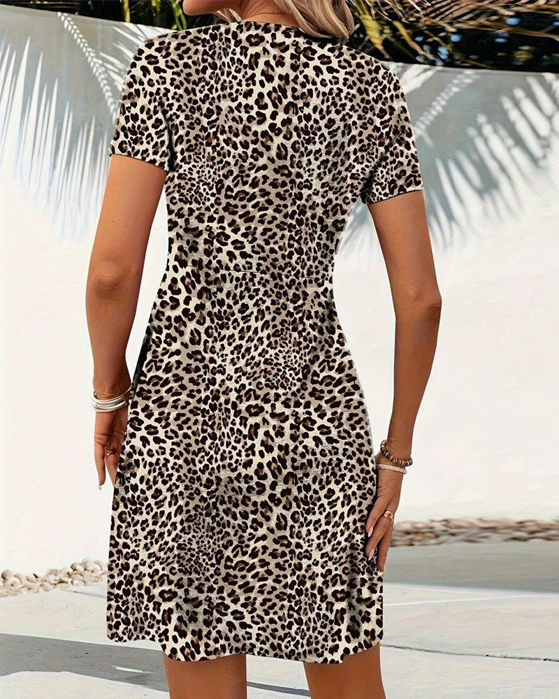 Robe Manches Courtes En V Imprimé Léopard