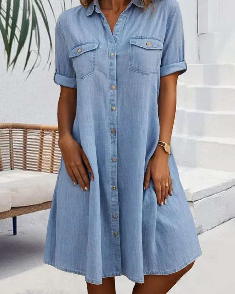 Robe Manches Courtes Col Solide Bouton