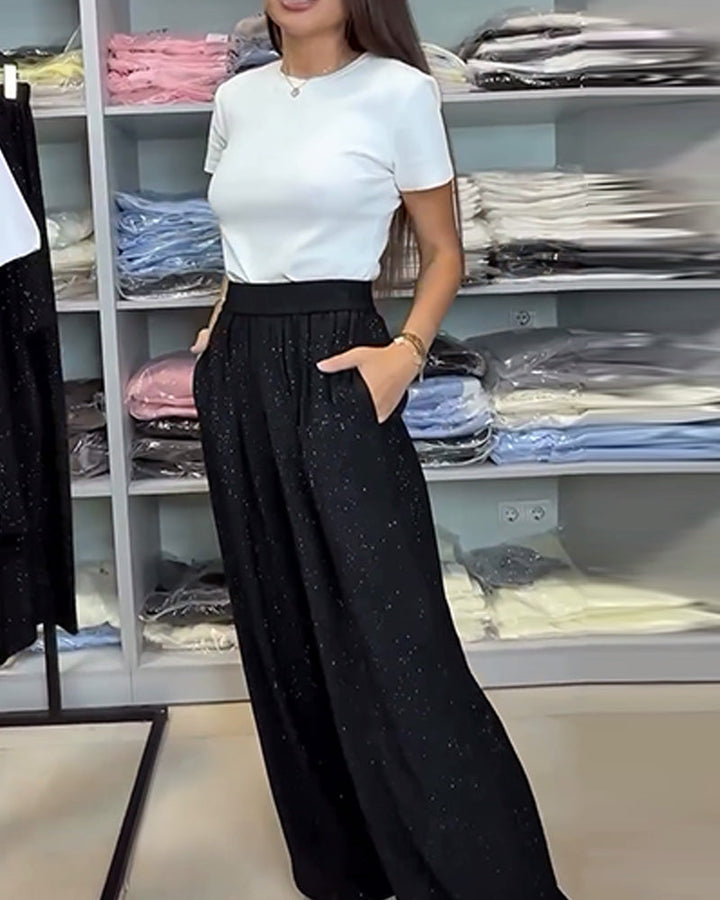 Pantalon Élégant Haute Taille Brillant Large Jambe