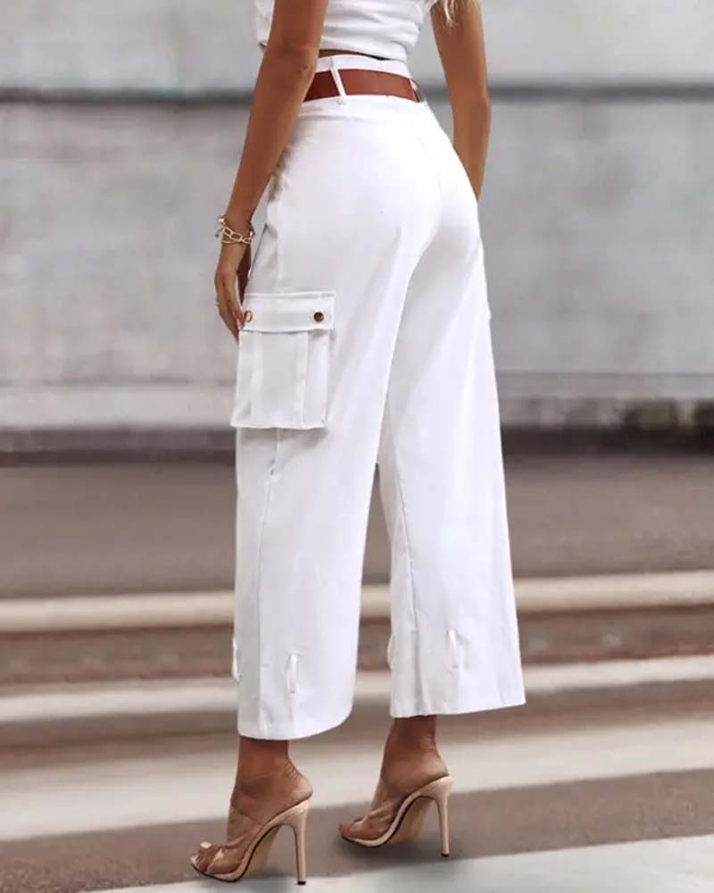 Pantalon cargo décontracté avec poche de couleur unie