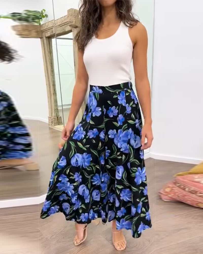 Pantalon large taille haute à imprimé floral