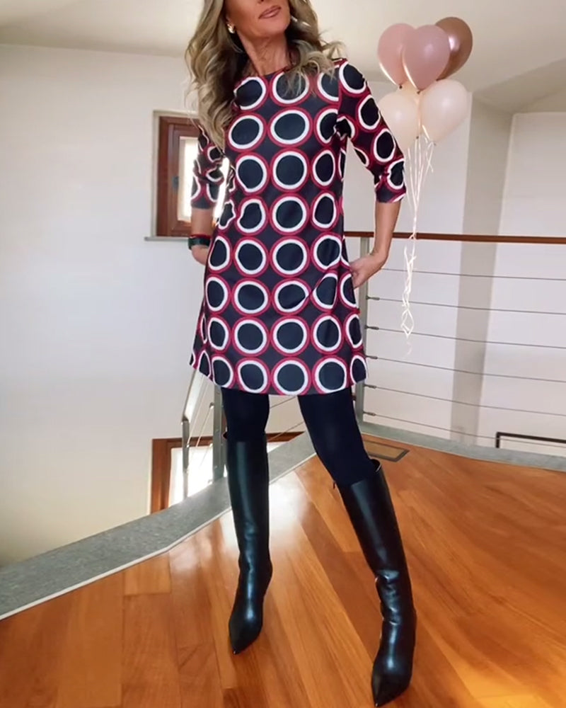 Robe décontractée à col rond et imprimé cercles